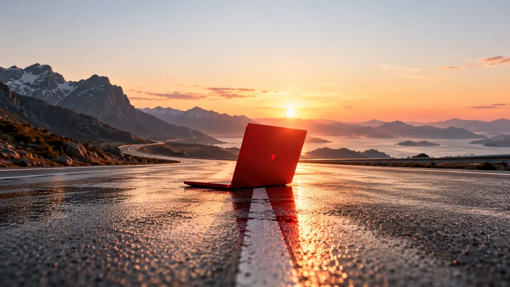 Červený otevřený notebook stojící na mokré horské silnici při západu slunce, za ním moře a ostrovy