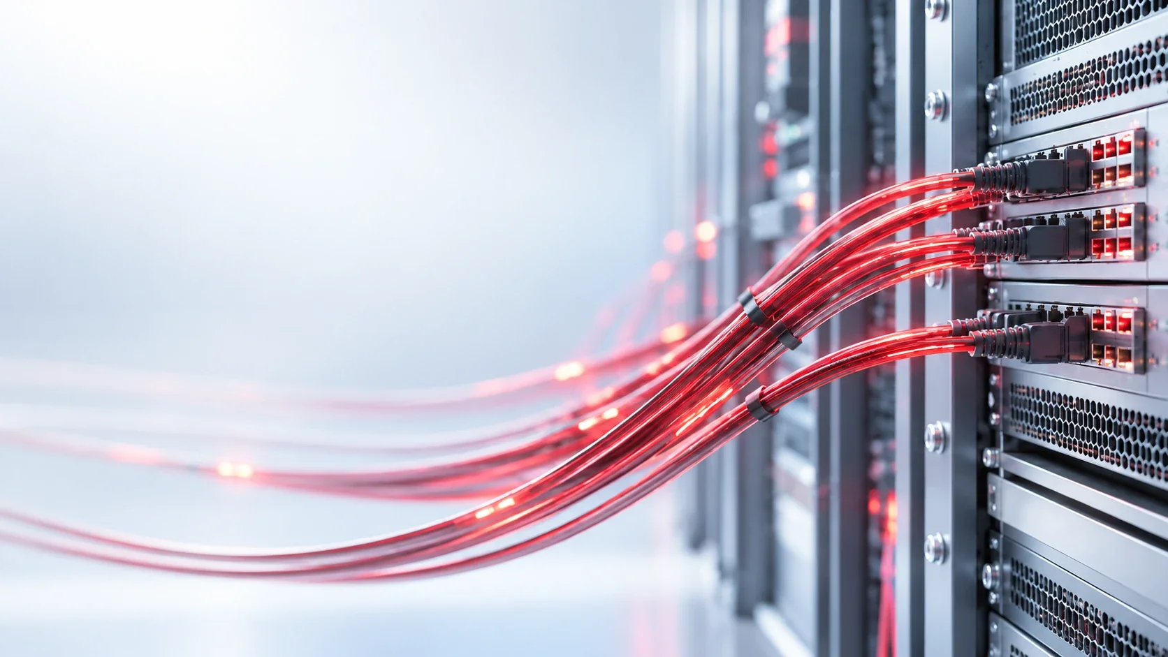 Svítící červené síťové kabely svázané dohromady a zapojené do serverového racku ve světlém datovém centru